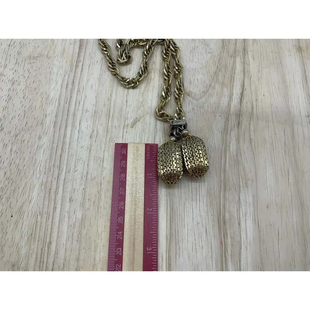 Gold Tone Necklace Rope Chain Double Oval Mesh Pendant Statement 30 In Women VTG